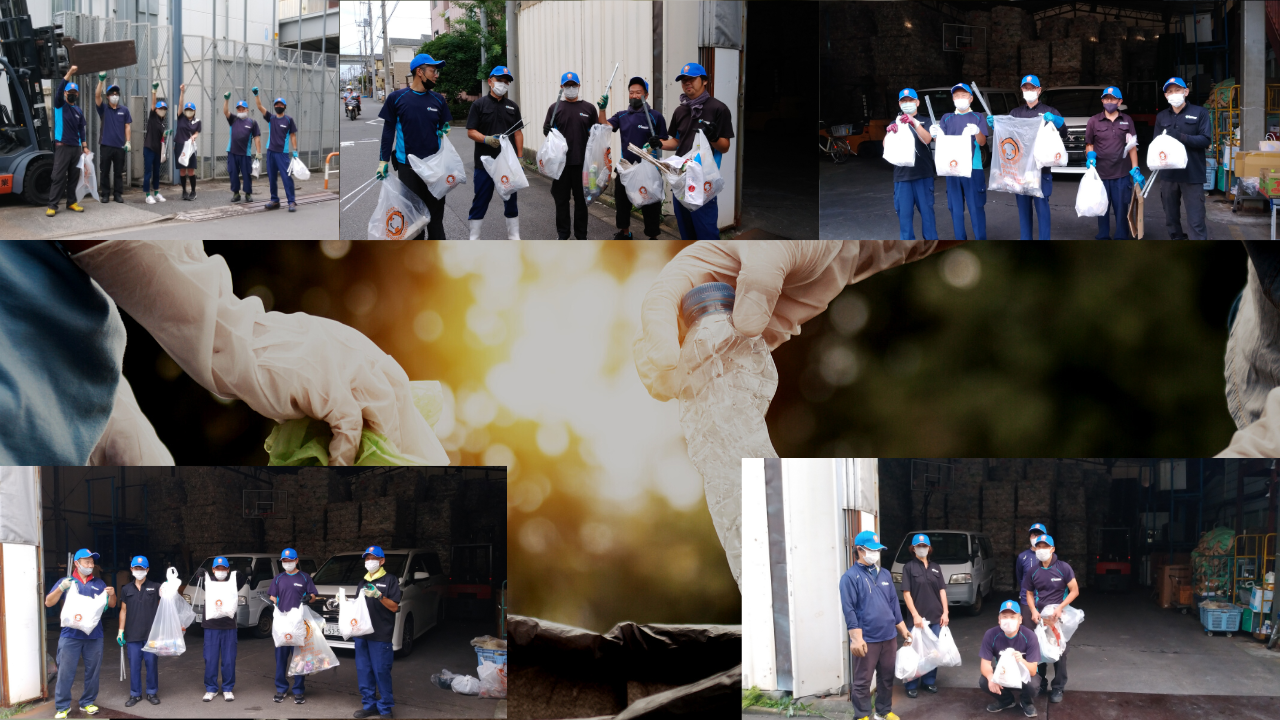 社員の方がゴミ袋を持っている写真やゴミを持ち上げている写真のコラージュ