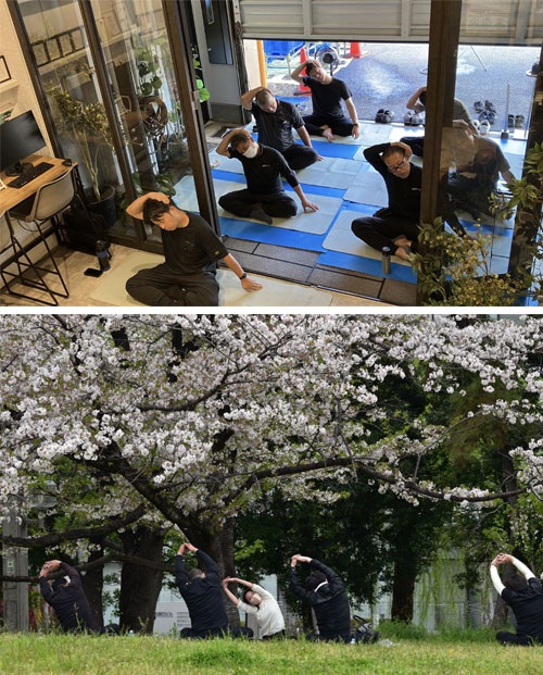 社員がヨガをしている画像と桜の下でヨガをしている画像のコラージュ